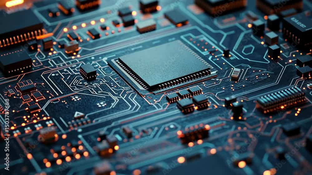 Poster closeup view of intricate circuit board featuring microchips in production process within a tech fac