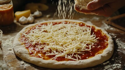 Preparing homemade pizza with tomato sauce and cheese being sprinkled on top of the pizza dough