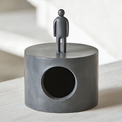 Dark gray cylindrical object with a small figure on top