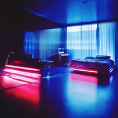 Modern bedroom with vibrant neon lighting