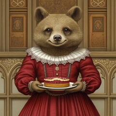 Bear in regal dress, holding a cake