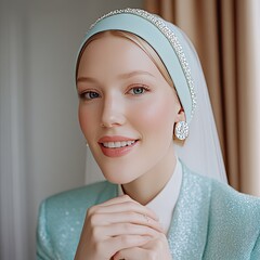 Mint green headpiece and earrings, light makeup