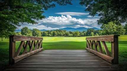 Serene view of a golf course from a wooden bridge, framed by lush trees under a vibrant sky