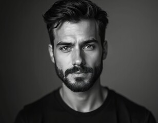 Fototapeta premium Serious portrait of young man with facial hair in black and white. Confident male model with dark hair and eyes. Pro studio headshot. Charismatic attractive guy looking at camera.