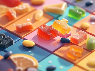 A playful depiction of gummy vitamins as puzzle pieces on a vibrant board