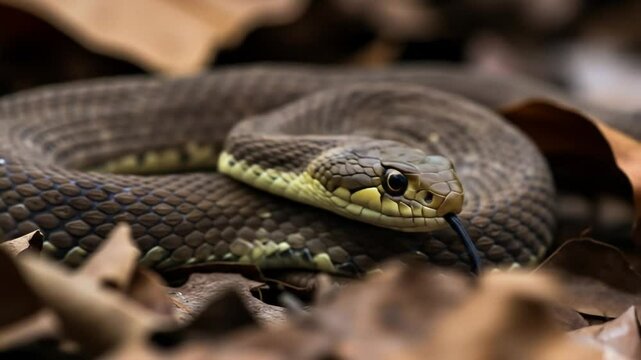 Capture a close-up of the snake&rsquo;s tongue flickering as it remains coiled and hidden beneath dry leaves. Focus on its unblinking stare and the glint of its scales as it calculates the perfect strike.
