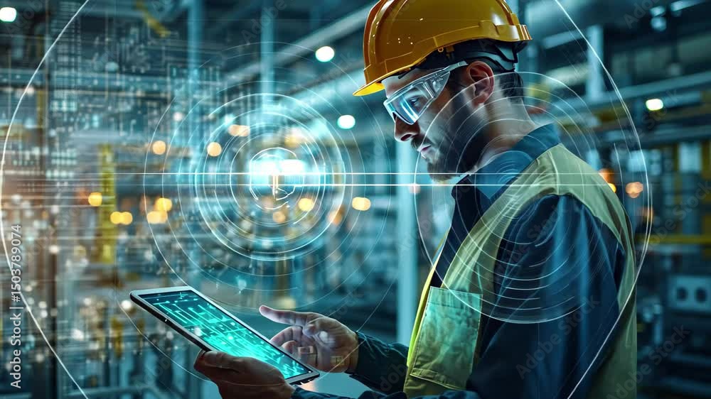 Poster engineers actively utilizing digital technology for factory automation and data analysis, factory di