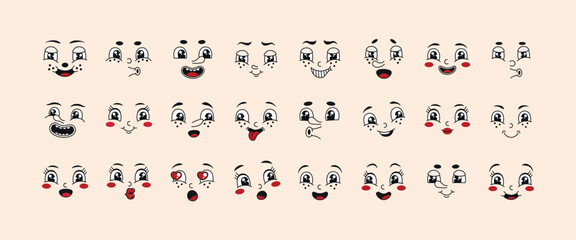 Groovy retro cartoon character faces. Funky comic psychedelic mascot elements, different emotions, happy, sad, surprised faces. 60s, 70s, 80s hippie vector illustration set.