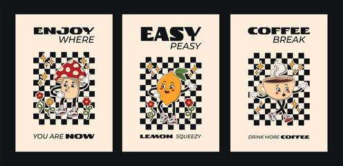 Positive groovy retro cartoon poster, card set with funky comic mushroom, lemon, cup of coffee character with smiling face. 60s, 70s, 80s hippie vector illustration for cafe, bar, restaurant.