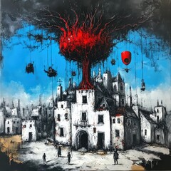 Red tree,  hanging objects,  town square,  dark,  light