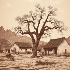 Rural Asian village, sepia tones, weathered buildings, barren tree