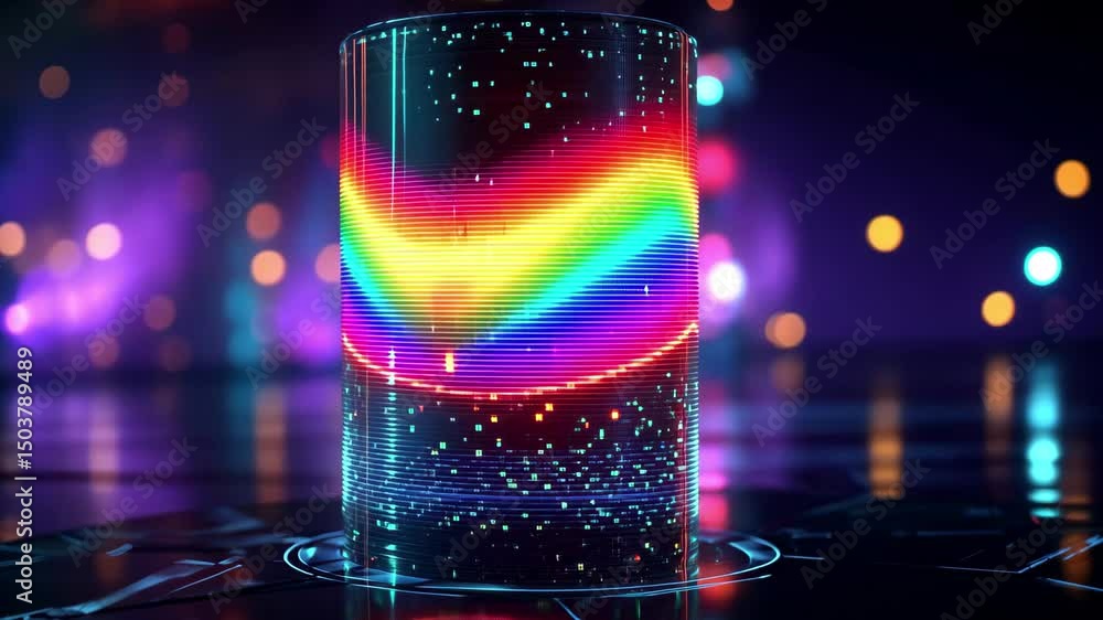 Poster digital cylinder illuminated by vibrant neon lights displays a dynamic pattern in a darkened space, 