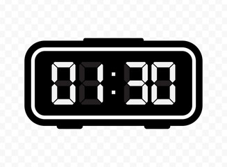 Vector illustration of half past one digital clock icon sign and symbol. black icon for website design .Simple design on transparent background