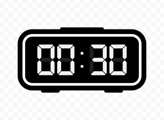 Vector illustration of half past twelve digital clock icon sign and symbol. black icon for website design .Simple design on transparent background