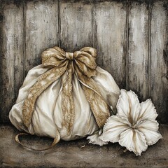 Cream-colored bag with gold ribbon bow, beside a white flower, on a rustic wooden background