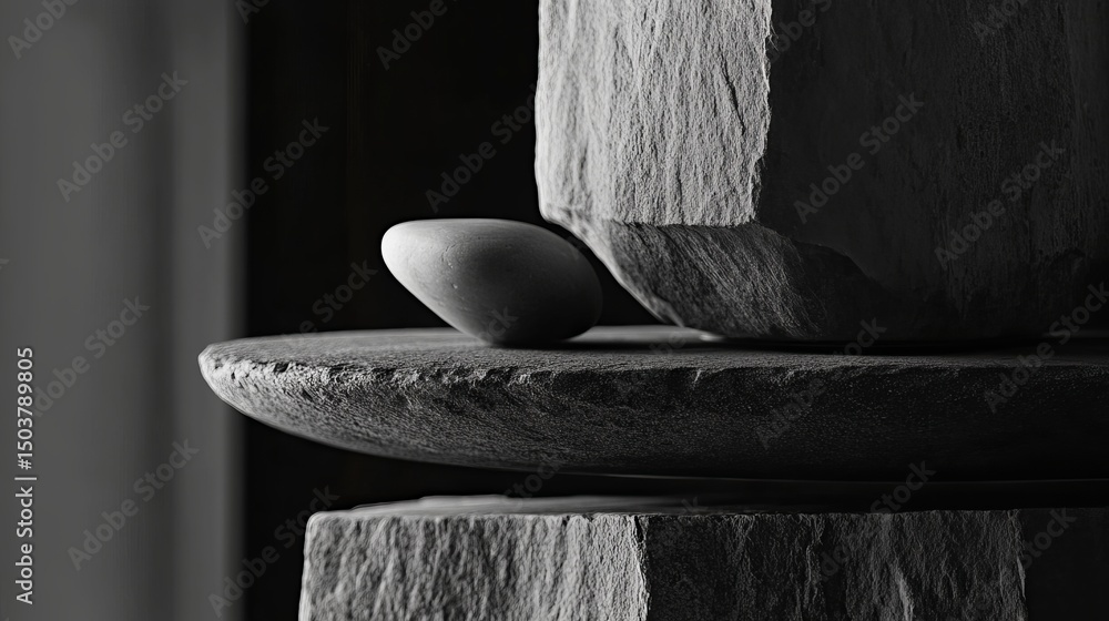 Poster close up of stacked rough gray stones with a smooth pebble on a flat stone surface in a dark setting