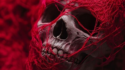Close up of a skull wrapped in red threads creating a macabre and artistic composition style image