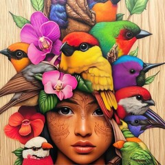 A woman's face adorned with vibrant birds and flowers