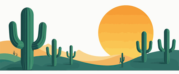Desert Landscape with Cacti and Sun Vector Illustration