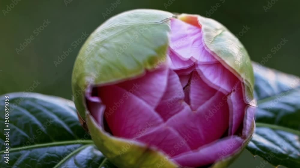 Poster close-up video of a green bud with a shallow depth of field, capturing intricate textures and soft f