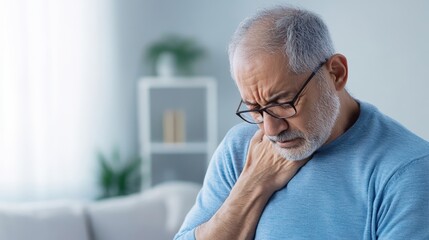 Obraz premium Japanese Man Holding His Neck and Looking Distressed in a Room
