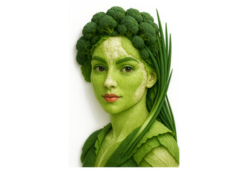 Creative Portrait of a Woman’s Face Made Entirely of Fresh Vegetables – Vegan Concept Art with Organic Elements and Neutral Background – Unique Food-Inspired Design