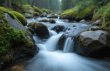 Scenic stream flows through Chocholowska Valley in Mountains Poland. Crystal clear water cascade rocks moss. Green forest. Peaceful natural landscape, popular hiking destination. Nature reserve,