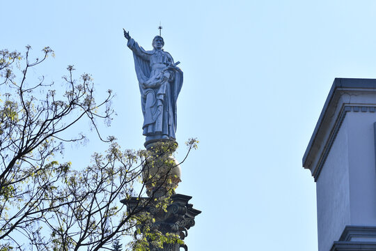 A low angle shot of a majestic statue with foreground flowers and blue sky background.