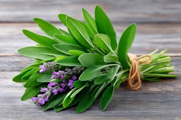 Fototapeta premium Fresh lavender and sage bundle on rustic wood