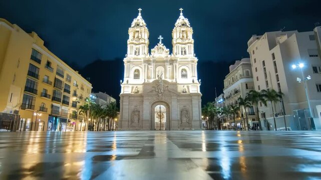 Timelapse capturing the grandeur of Murcia Cathedral lit up at night in Belluga Square, Timelapse of Murcia Cathedral in Belluga square