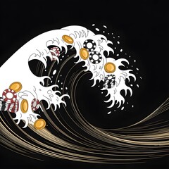 Abstract Wave of Poker Chips, Golden Coins, and Cards on Black Background