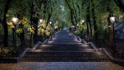 Obraz premium Long staircase with streetlights through park trees