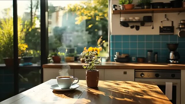 Cozy kitchen scene featuring a steaming cup of coffee on a wooden table with sunlight streaming in