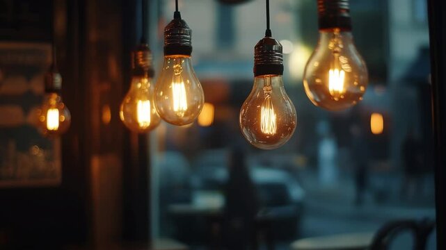 Warm light bulbs illuminate a cozy cafe atmosphere during the evening, Light bulbs at the cafe, change of focus