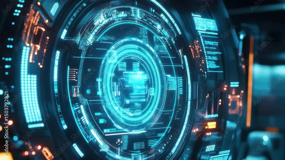 Poster futuristic technology interface showcasing advanced holographic displays and intricate data patterns