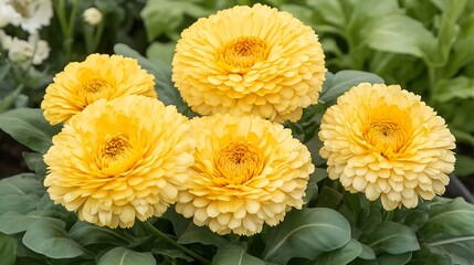 Closeup of Sunny Yellow Calendula Flowers in Garden Setting with Soft Lighting