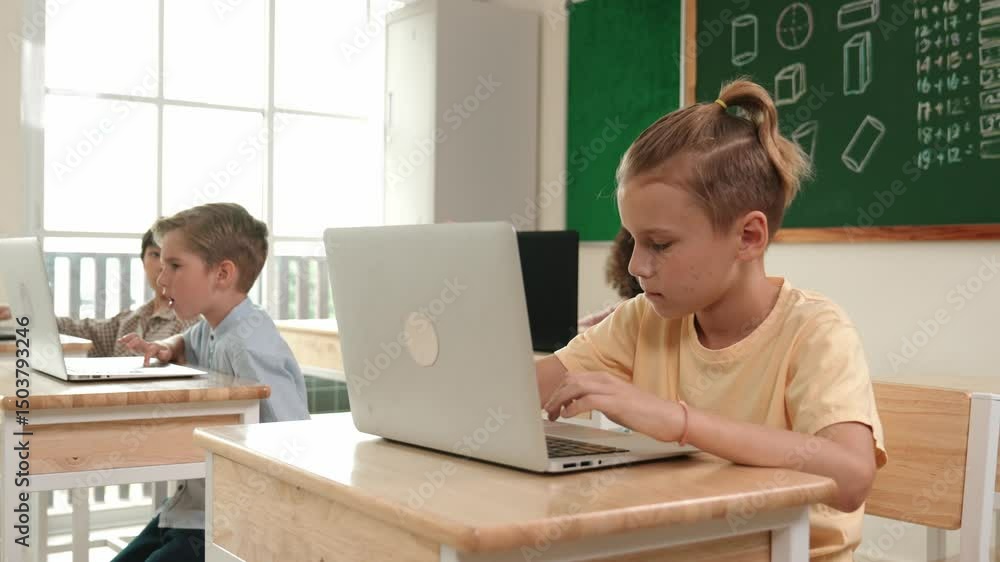 Poster smart caucasian boy using laptop to generated ai by coding engineering prompt. diverse student learn