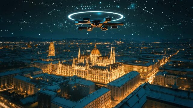 Drone orbits Austrian Parliament building at night under a starry sky, Drone establishing orbit of the Austrian Parliament in Vienna with surrounding landmarks