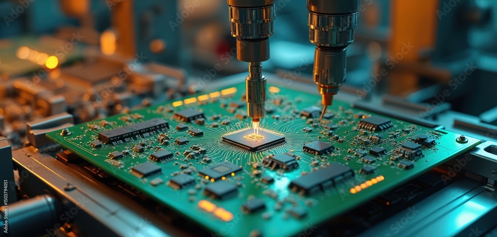 Poster high-precision robot arms install components on circuit board. automated pcb assembly line. electron
