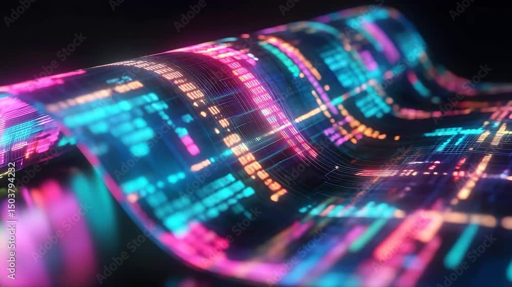 Poster digital data flow represented on a flexible screen showcasing vibrant colors and seamless transfer, 