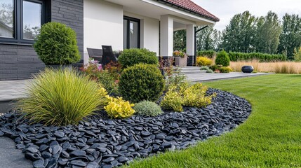 Obraz premium Modern home's landscaping showcasing meticulously designed garden beds with various plants and dark gravel mulch, complementing the contemporary architecture