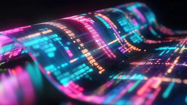 Digital data flow represented on a flexible screen showcasing vibrant colors and seamless transfer, Data transfer on flexible screen 3D render seamless