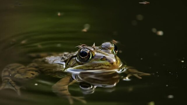 Zoom close to the frog&rsquo;s head poking just above the water surface, motionless. Eyes wide and alert, it watches insects buzz by &mdash; a sudden tongue strike could happen any moment.