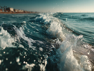 vibrant scene of ocean waves crashing onto a sandy beach. The water is a striking turquoise, and the waves are breaking with a mix of force and beauty, creating a dynamic and captivating view.