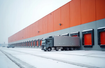 Truck delivers goods warehouse complex in winter snowfall. Cargo truck vehicle near loading docks entrance. Transportation, logistics, shipping, distribution of freight during heavy snow. Industry,