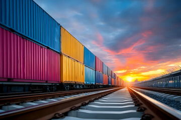 Obraz premium A stunning sunset illuminates colorful shipping containers lined along the railway tracks, symbolizing global trade and logistics in an industrial landscape.