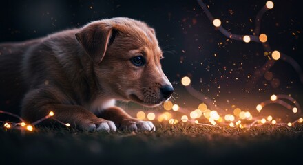Adorable puppy laying down with christmas light creating a festive moment