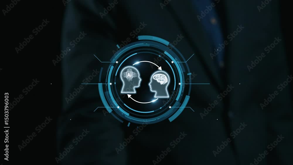 Poster human interact with ai artificial intelligence brain processor in concept of ai artificial intellige
