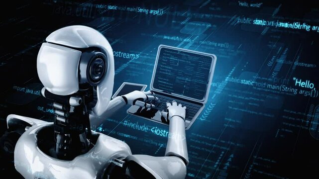 Futuristic robot artificial intelligence huminoid AI programming coding technology development and machine learning concept. Robotic bionic science research for future of human life. 3D rendering.