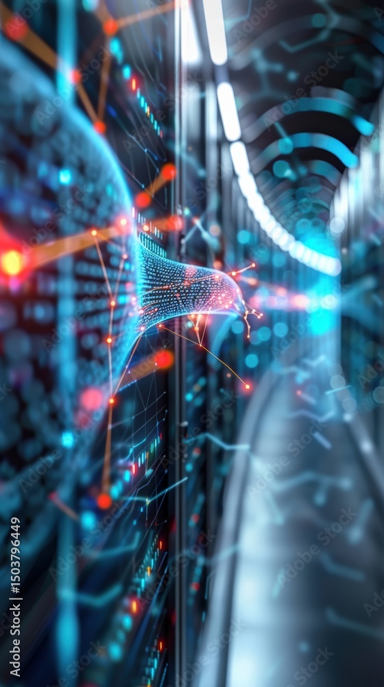 Poster data visualization event inside a modern data center digital art high-tech environment futuristic pe